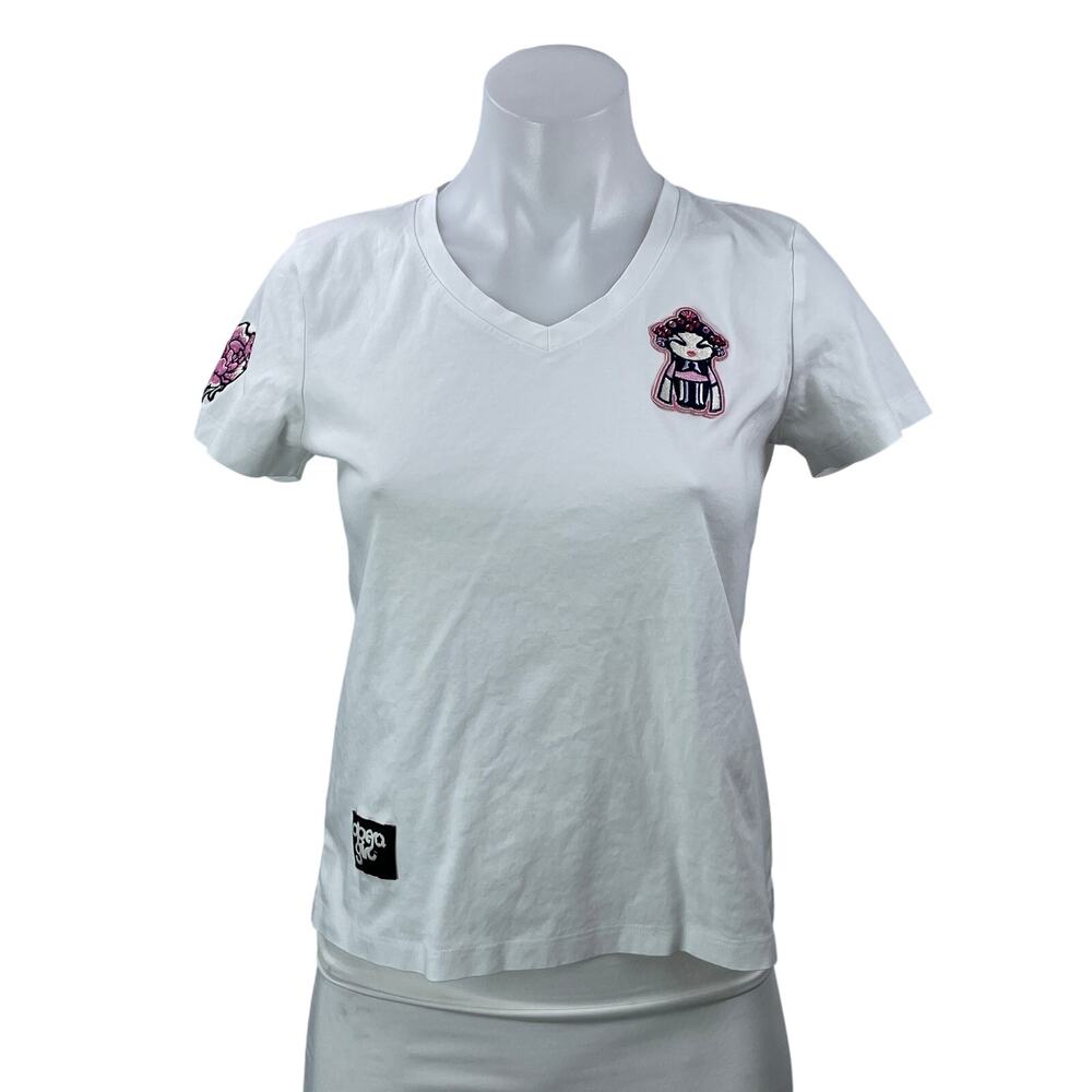 Opera Girl Women's White Embroidered Patch Short Sleeve T Shirt Tee Top Size M